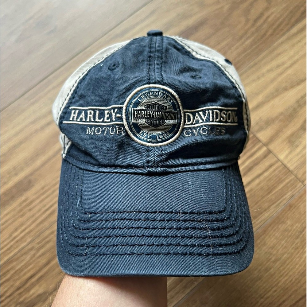 Harley Davidson Naples Florida Hat Cap Navy Blue Tan Snapback Metal Medallion